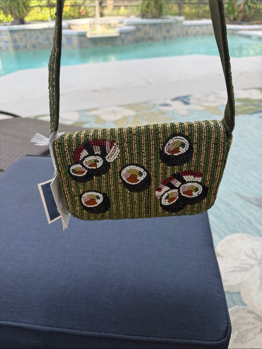 Hand-Beaded Green Sushi Motif Crossbody Bag by